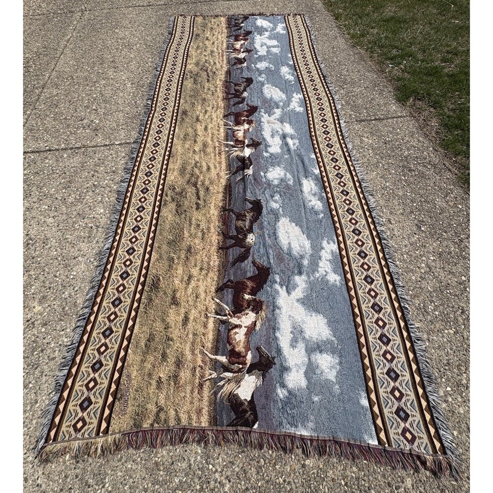 Vintage 90s C. Cummings Horses Fringe Throw Tapestry Blanket 13 FEET X 64 Inches